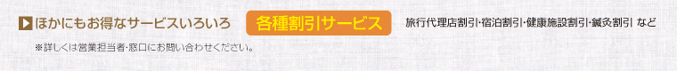 ほかにもお得なサービスいろいろ。各種割引サービス（旅行代理店割引・宿泊割引・健康施設割引・鍼灸割引など） 詳しくは営業担当者・窓口にお問い合わせください。